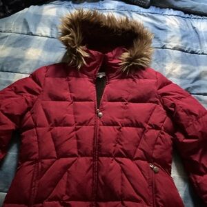 Calvin Klein Red Quilted Puffer Jacket with Faux Fur